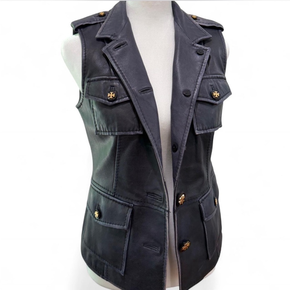 Vintage Tory Burch Navy Leather Gold Button Vest